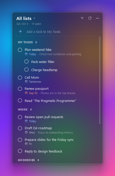 Dark glass widget listing tasks over a colorful wallpaper