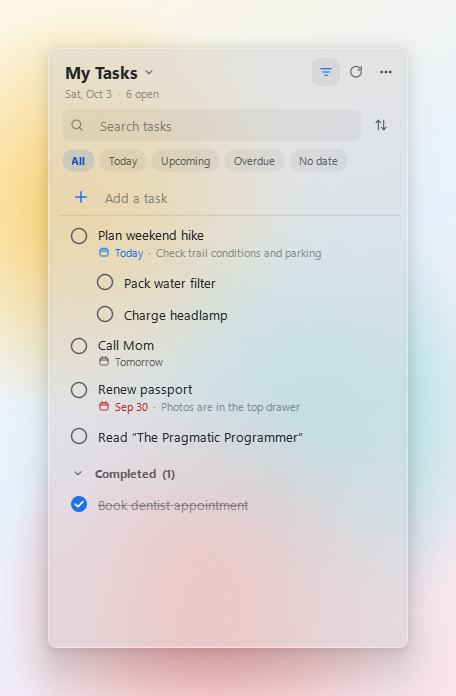 Light glass widget with filters open